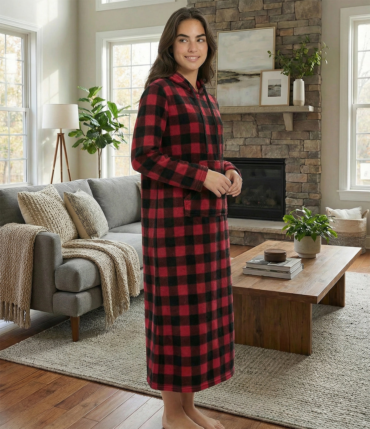 Women's Red Black Buffalo Check Plush Sweatshirt Robe with Pockets, Long Hooded Fleece Duster Kaftan