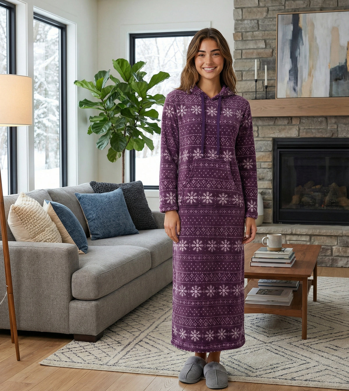 Women's Snowflake Fair Isle Purple Plush Sweatshirt Robe with Pockets, Long Hooded Fleece Duster Kaftan
