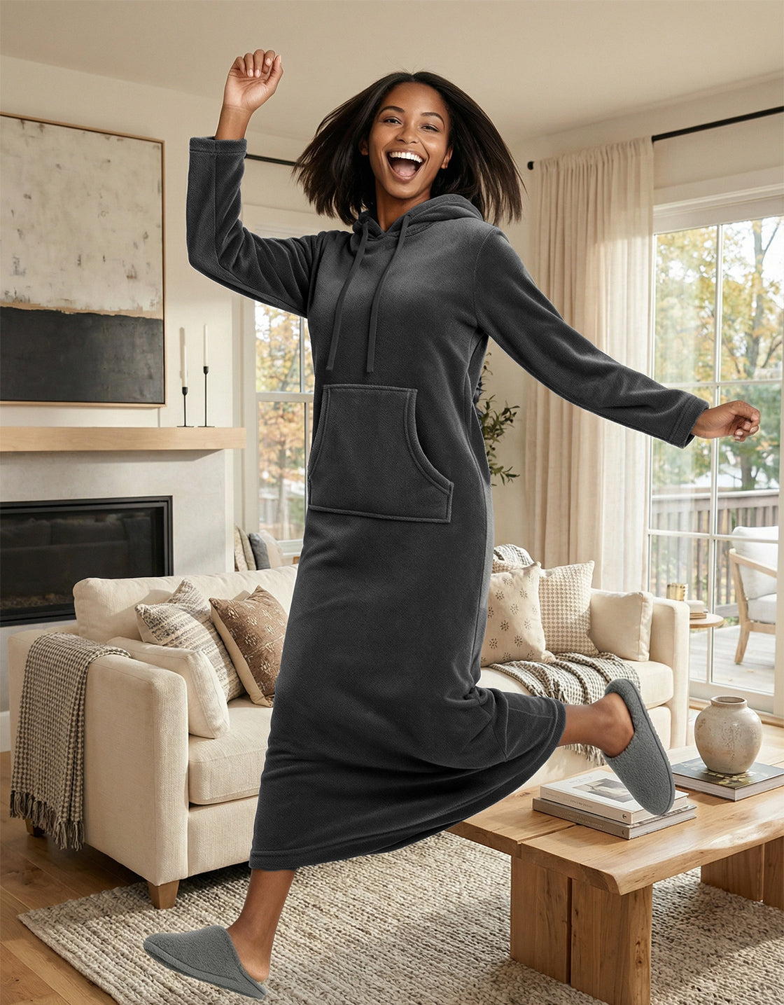 Women's Graphite Gray Plush Sweatshirt Robe with Pockets, Long Hooded Fleece Duster Kaftan