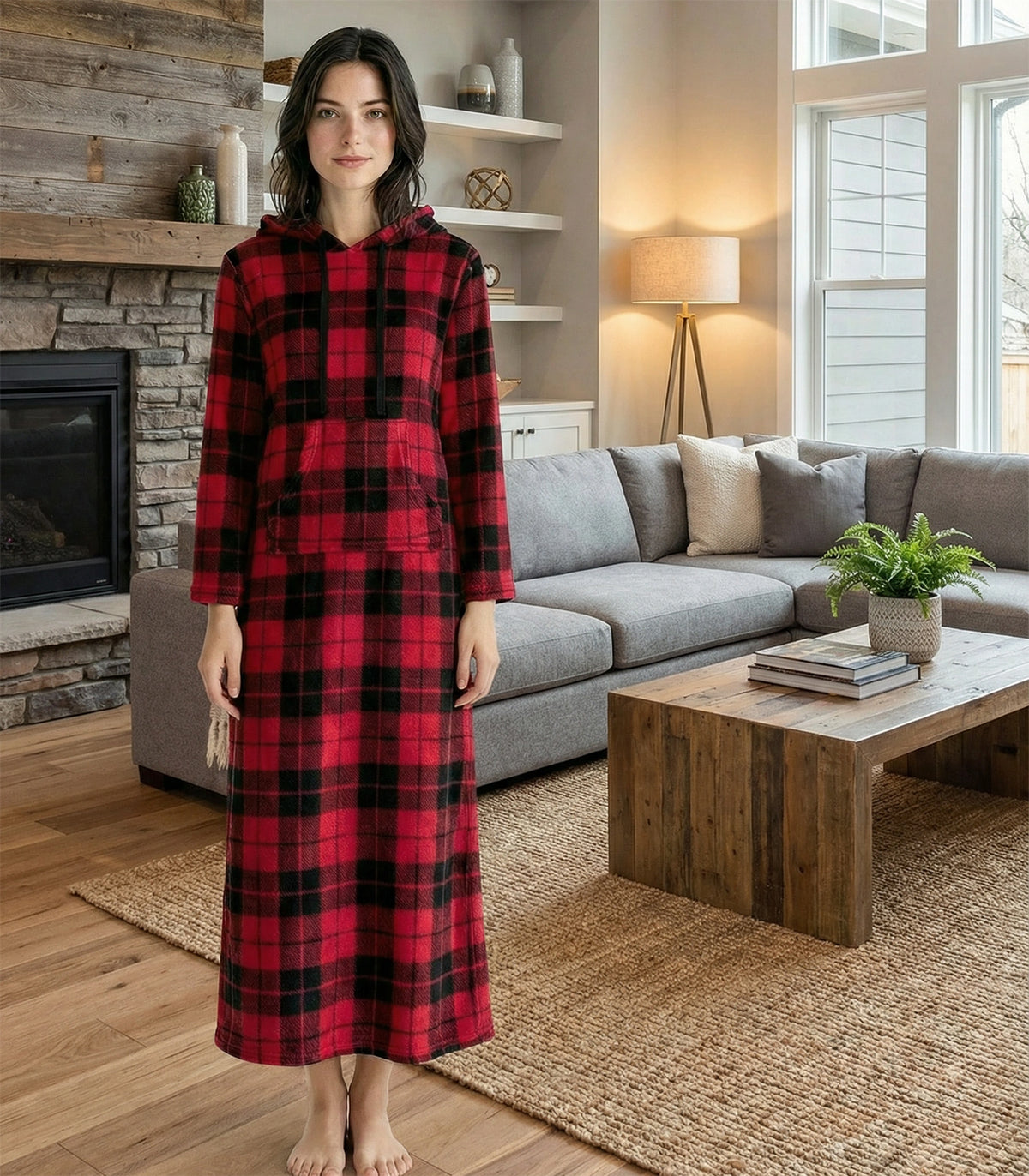 Women's Red Black Plaid Plush Sweatshirt Robe with Pockets, Long Hooded Fleece Duster Kaftan