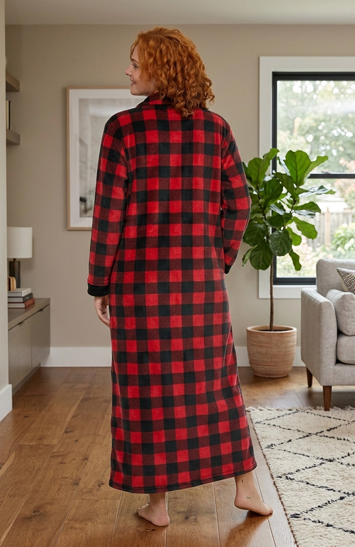 Women's Black Red Buffalo Check Plaid Warm Fleece Long Nightgown, Long Kaftan with Pockets for Winter
