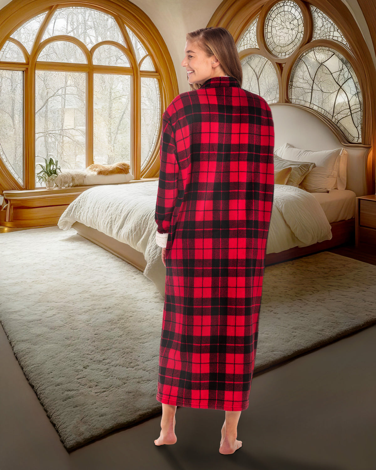 Women's Red Black Plaid with Cream Zip Up Plush Robe, Oversized Bathrobe with Two Way Zipper