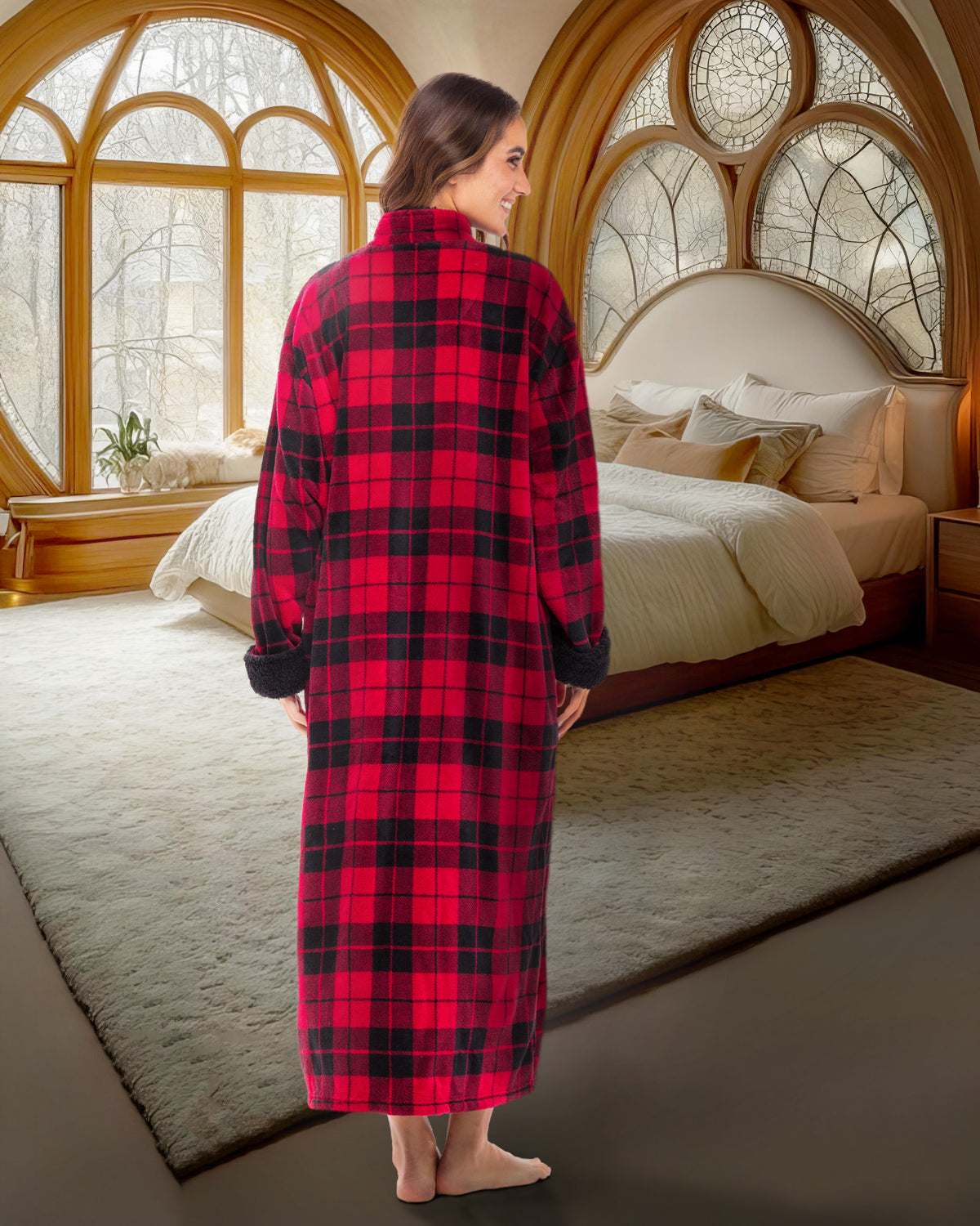 Women's Red Black Plaid with Black Zip Up Plush Robe, Oversized Bathrobe with Two Way Zipper