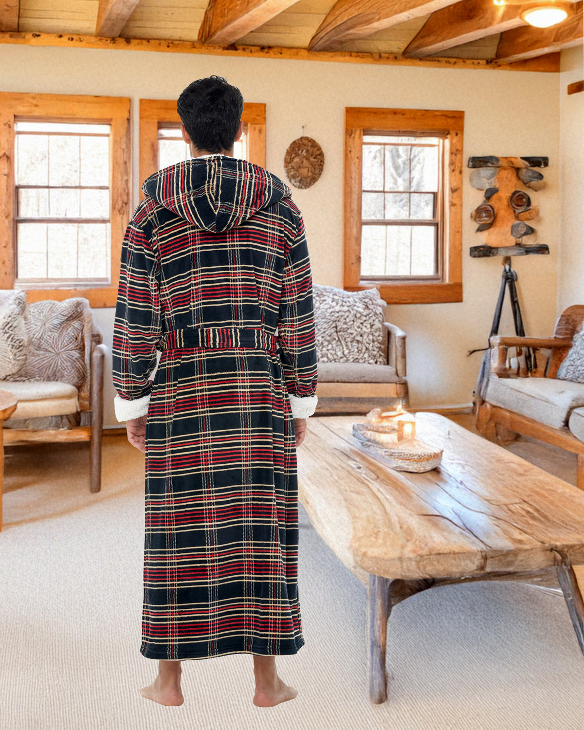 Men's Refined Tartan Plaid Long Hooded Sherpa Robe, Hooded Big and Tall Plush Fleece Hoodie Bathrobe