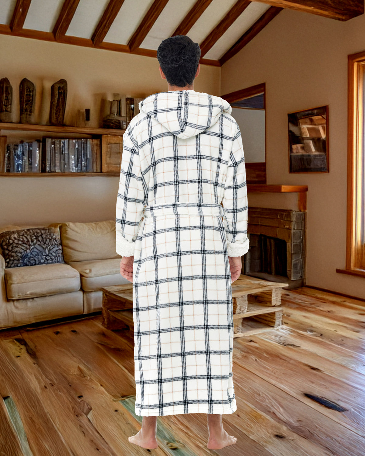 Men's Classic Neutral Plaid Long Hooded Sherpa Robe, Hooded Big and Tall Plush Fleece Hoodie Bathrobe