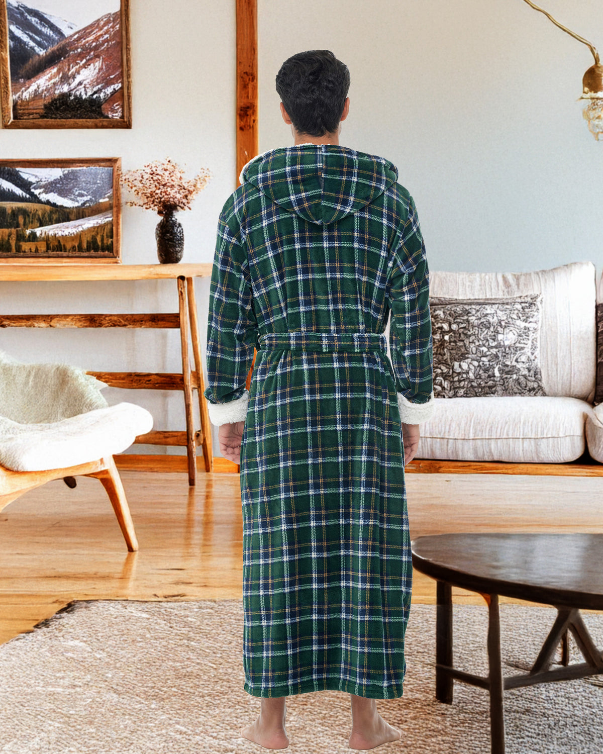 Men's Hunter Green Plaid Long Hooded Sherpa Robe, Hooded Big and Tall Plush Fleece Hoodie Bathrobe