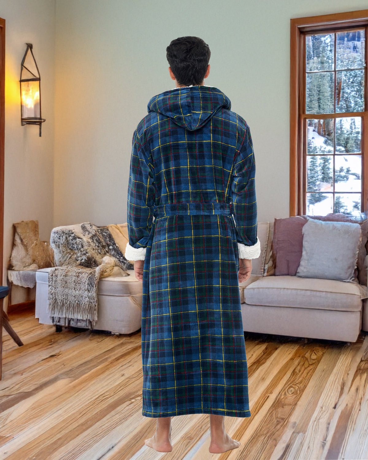 Men's Highland Tartan Plaid Long Hooded Sherpa Robe, Hooded Big and Tall Plush Fleece Hoodie Bathrobe