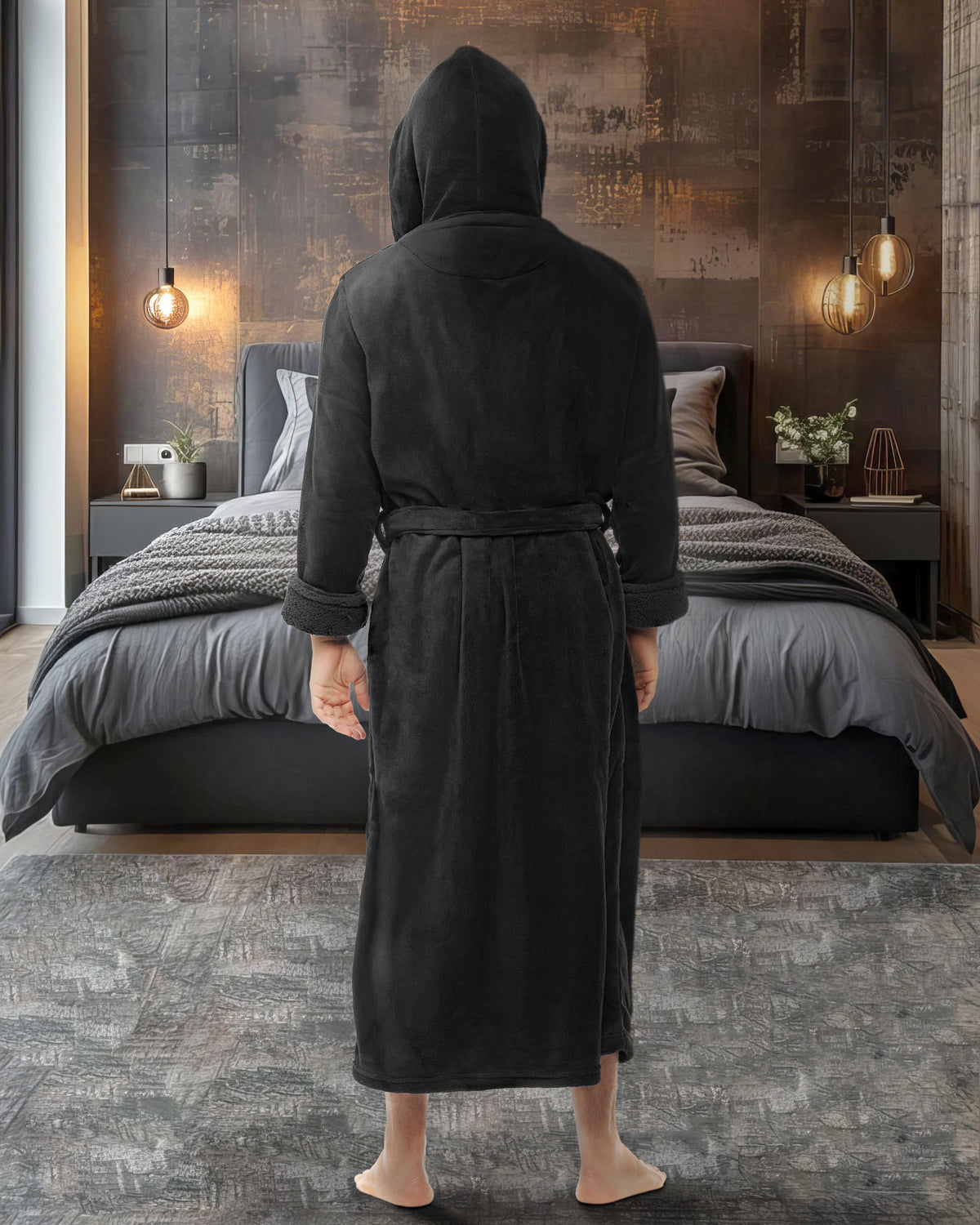 Men's Black Long Hooded Sherpa Robe, Hooded Big and Tall Plush Fleece Hoodie Bathrobe