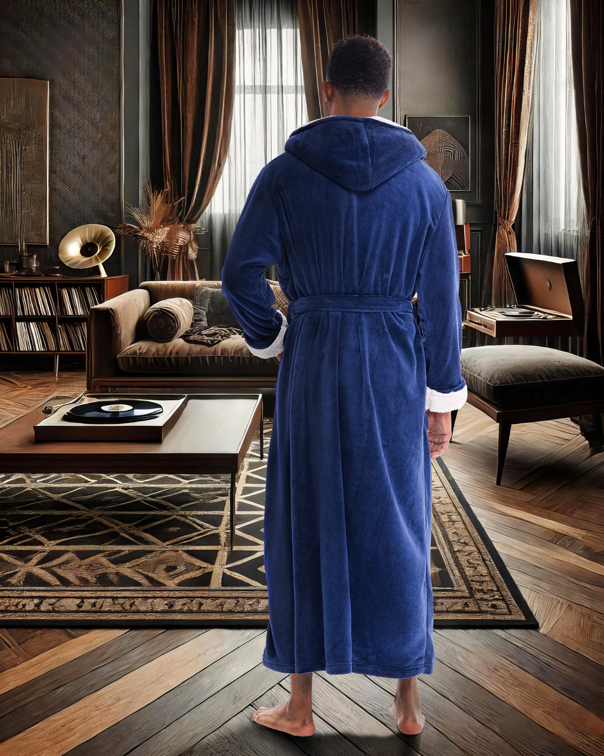 Men's Navy Blue with Cream Long Hooded Sherpa Robe, Hooded Big and Tall Plush Fleece Hoodie Bathrobe