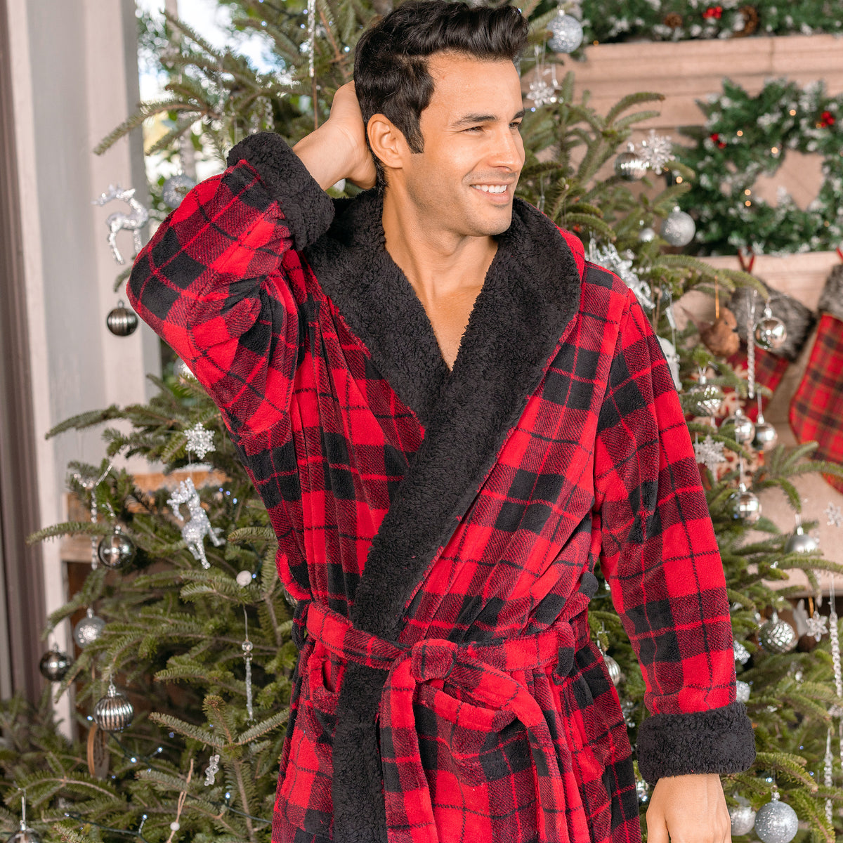 Men's Red Black Plaid with Black Long Hooded Sherpa Robe, Hooded Big and Tall Plush Fleece Hoodie Bathrobe