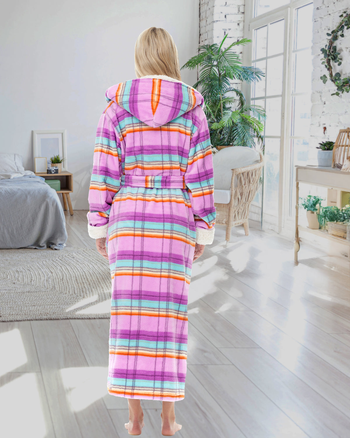 Women's Pastel Plaid Warm Fleece Sherpa Robe with Hood, Long Plush Hoodie Sherpa Bathrobe