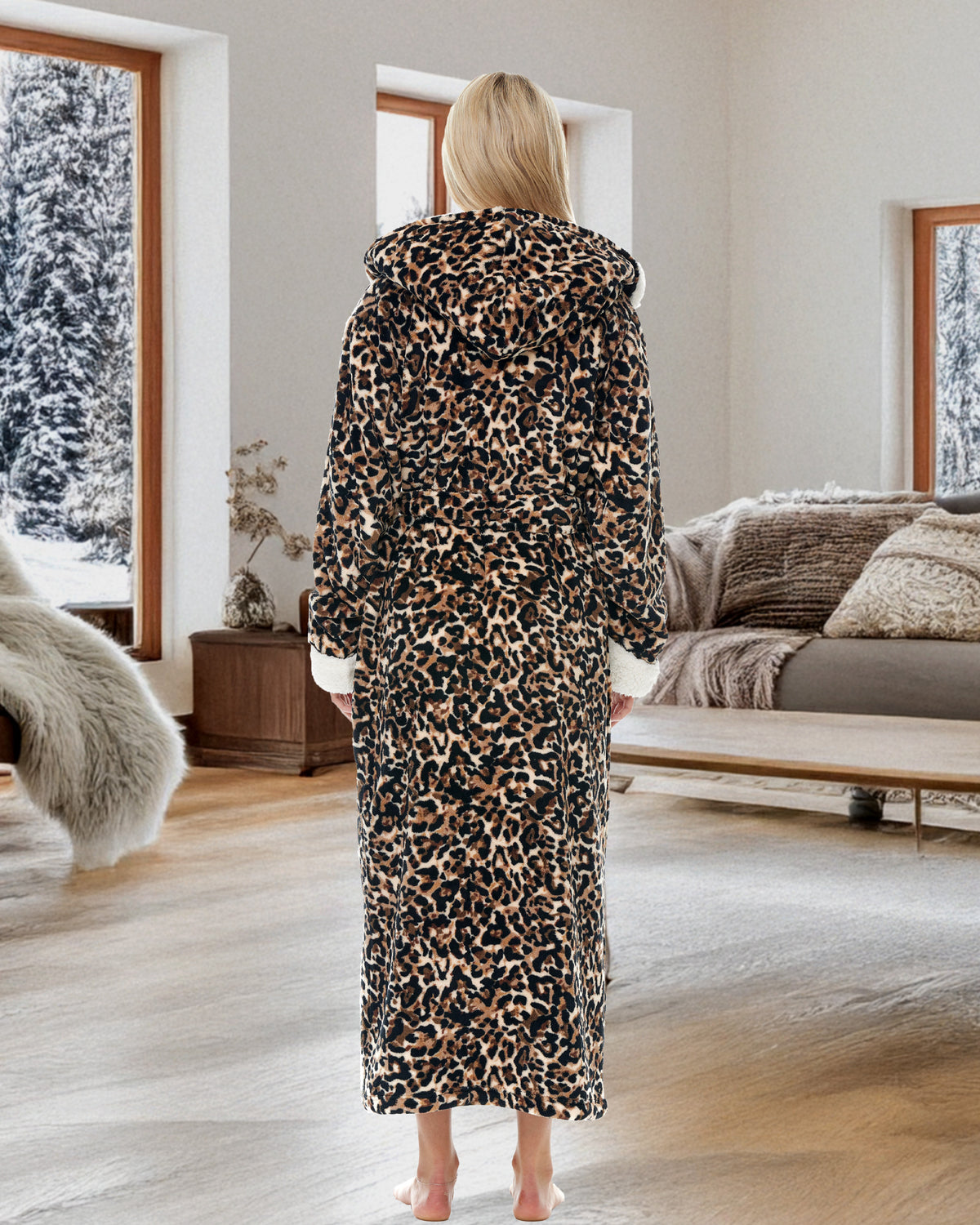 Women's Desert Leopard Print Warm Fleece Sherpa Robe with Hood, Long Plush Hoodie Sherpa Bathrobe