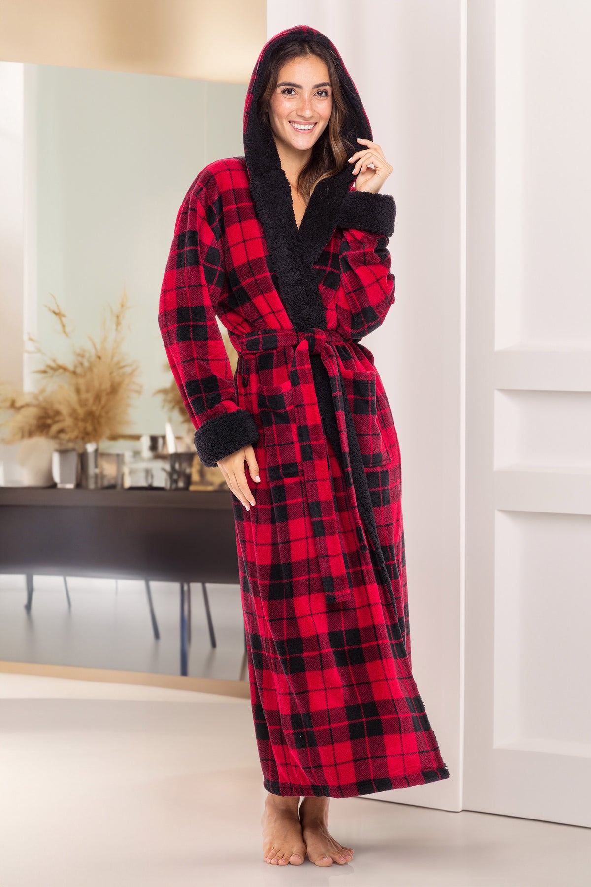 Women's Red Black Plaid with Black Warm Fleece Sherpa Robe with Hood, Long Plush Hoodie Sherpa Bathrobe