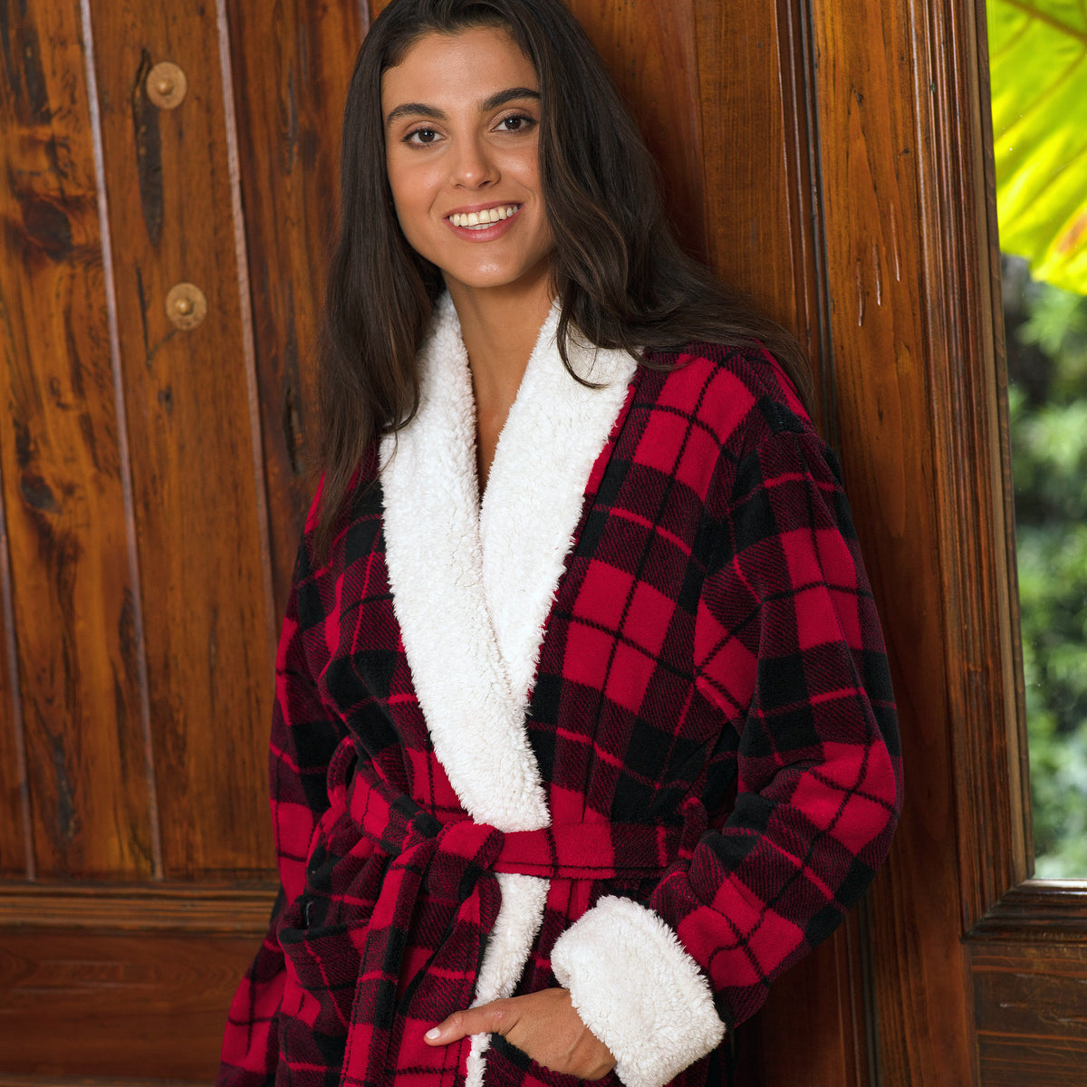 Women's Red Black Plaid with Cream Plush Sherpa Robe, Long Cozy Warm Bathrobe