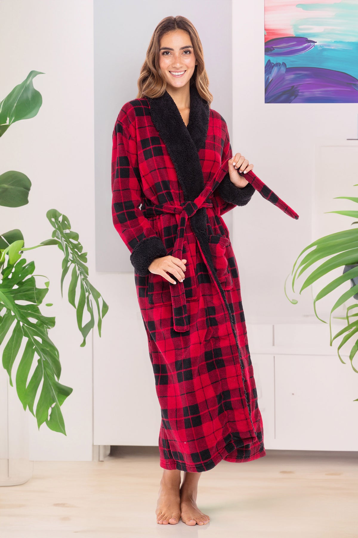 Women's Red Black Plaid with Black Plush Sherpa Robe, Long Cozy Warm Bathrobe