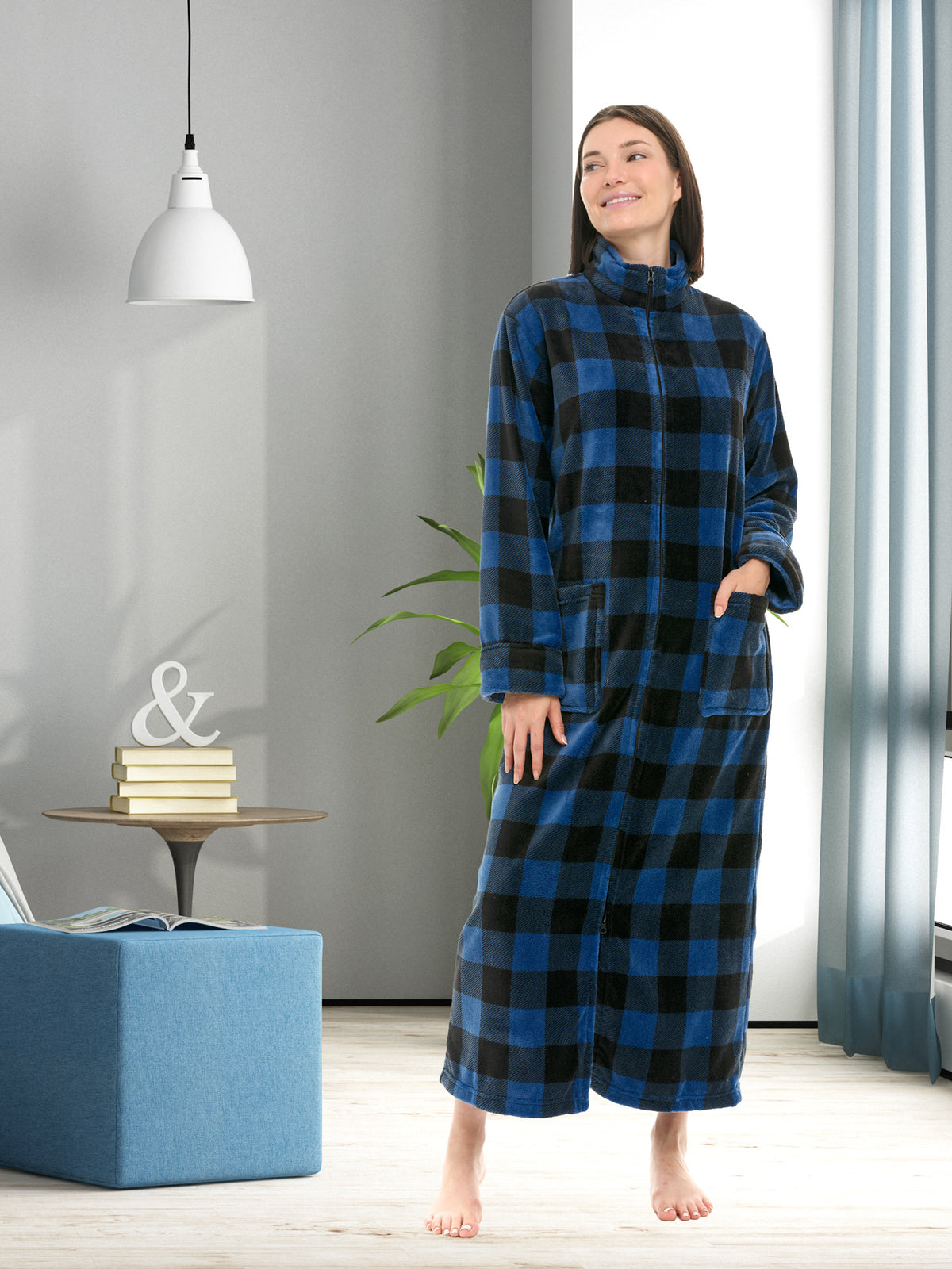 Women's Blue Buffalo Check Plaid Zip Up Plush Robe, Oversized Bathrobe with Two Way Zipper