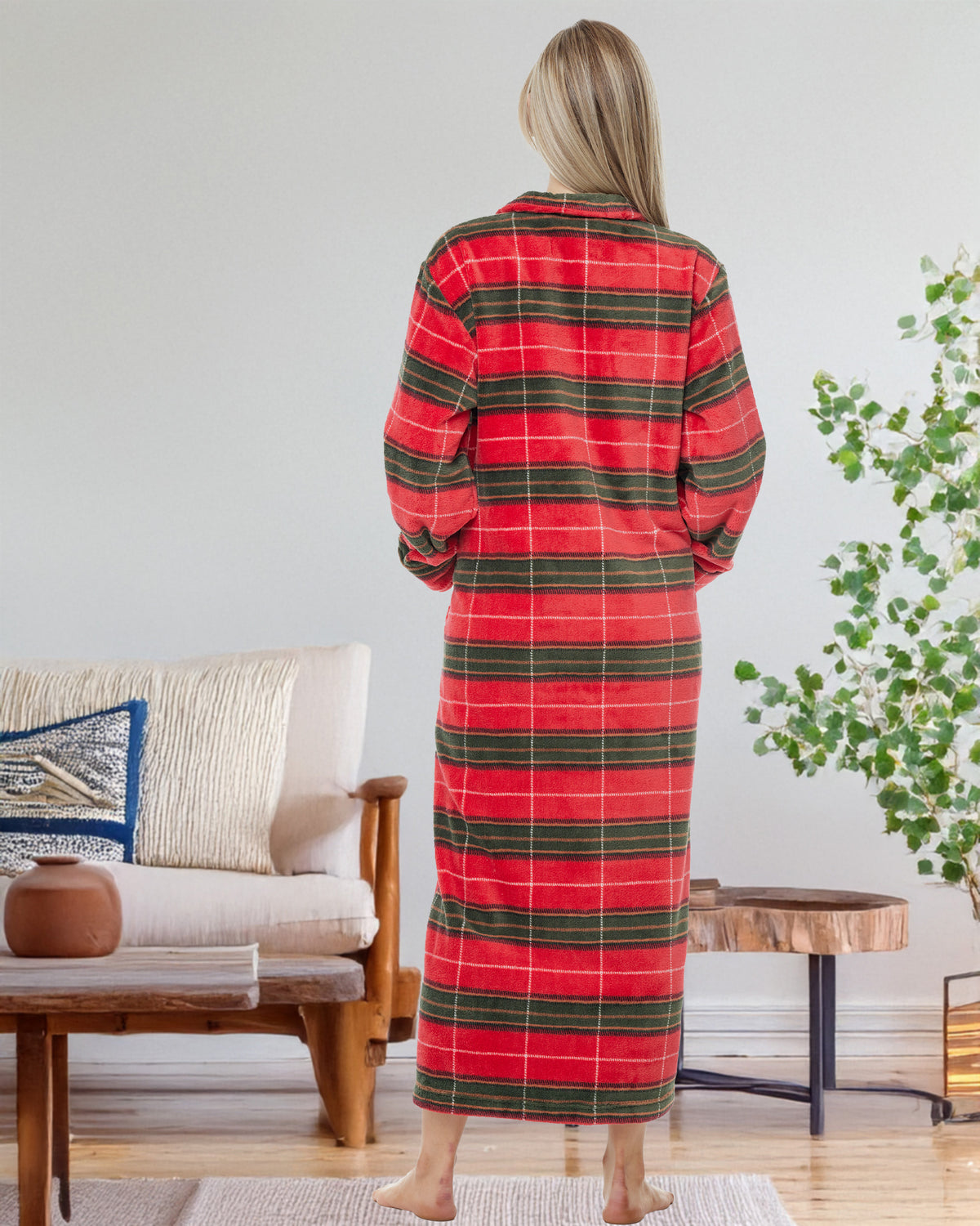 Women's Autumn Harvest Plaid Zip Up Plush Robe, Oversized Bathrobe with Two Way Zipper