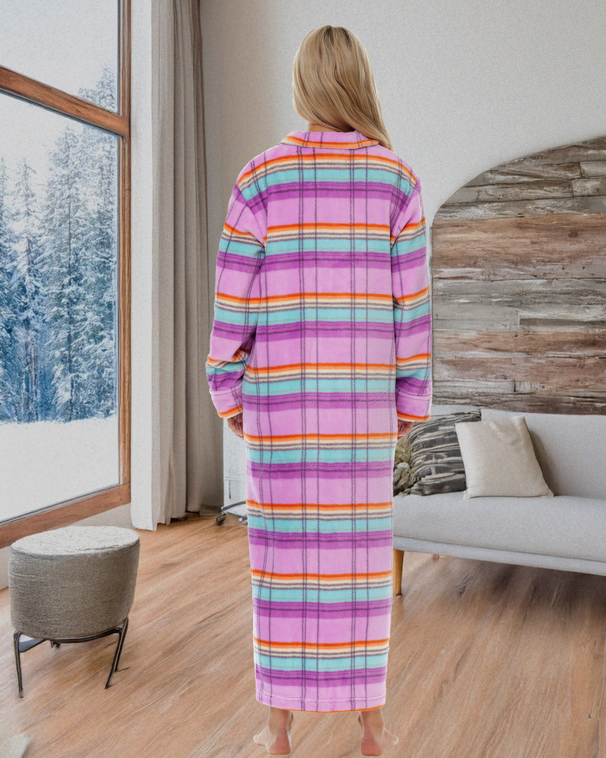 Women's Pastel Plaid Zip Up Plush Robe, Oversized Bathrobe with Two Way Zipper