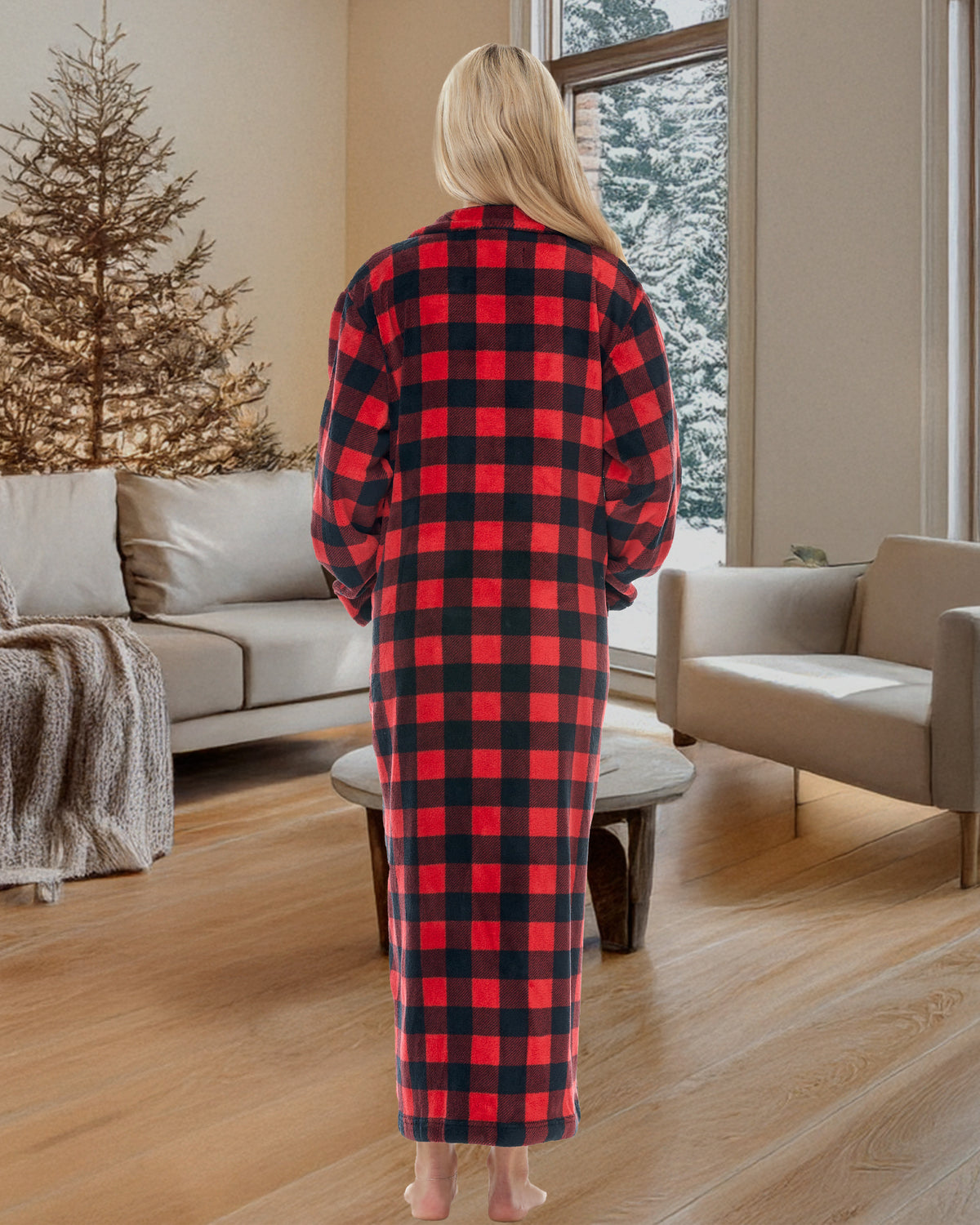Women's Red Black Buffalo Check Plaid Zip Up Plush Robe, Oversized Bathrobe with Two Way Zipper