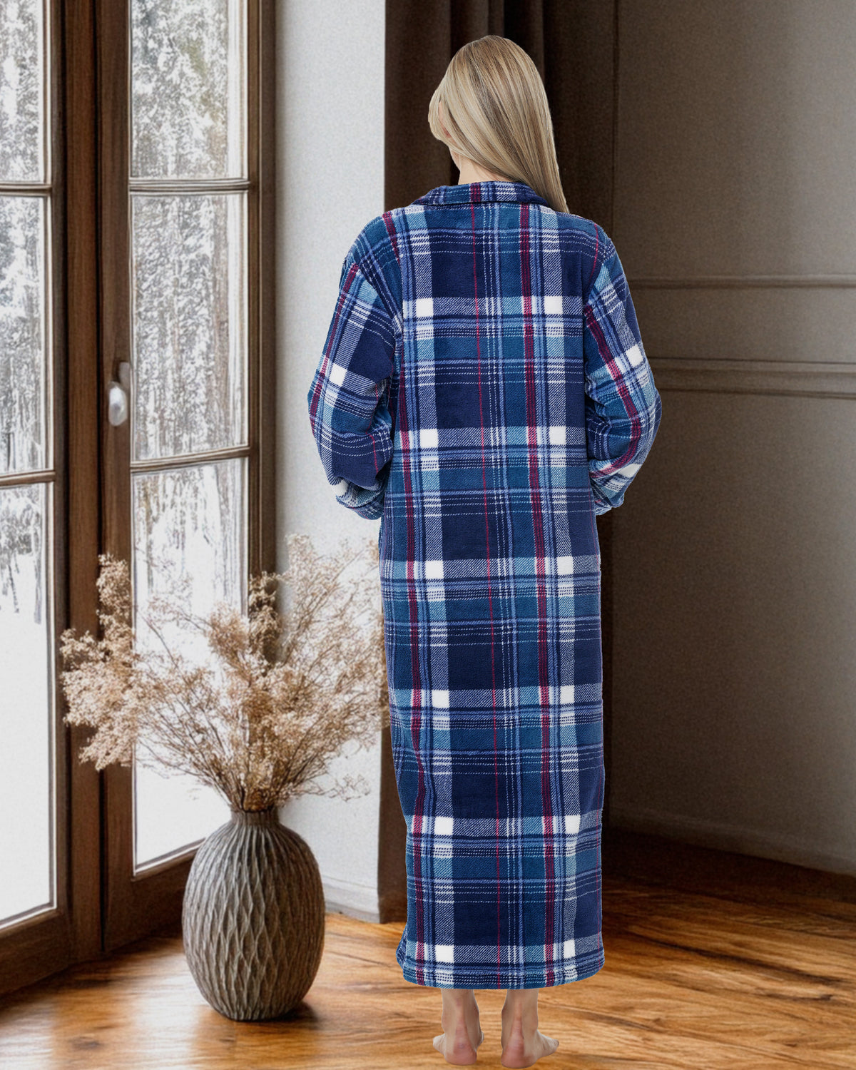 Women's Purple Tartan Plaid Zip Up Plush Robe, Oversized Bathrobe with Two Way Zipper