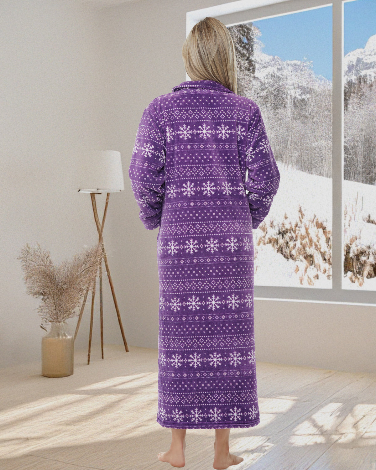 Women's Snowflake Fair Isle Purple Zip Up Plush Robe, Oversized Bathrobe with Two Way Zipper