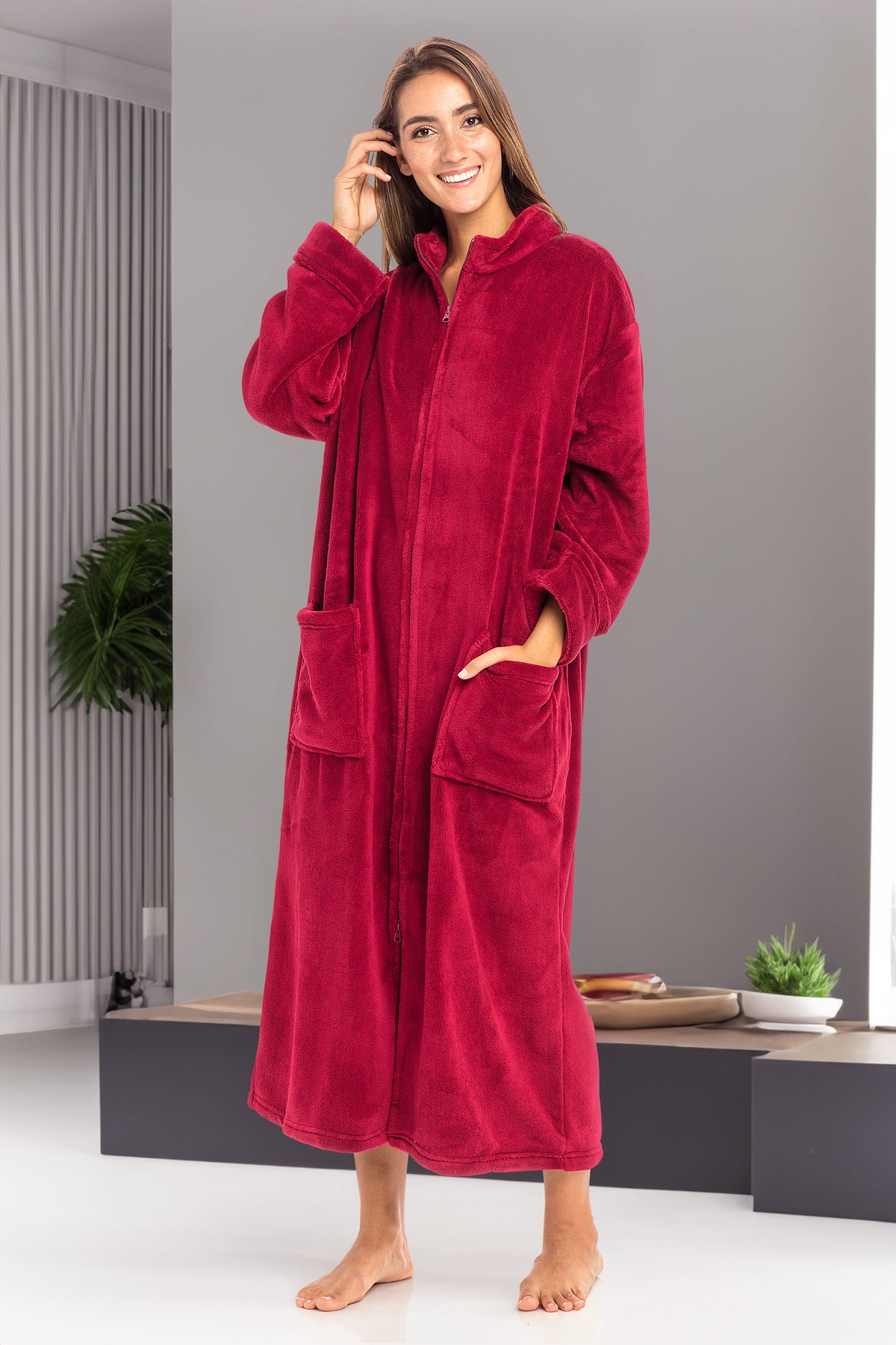 Women's Burgundy Zip Up Plush Robe, Oversized Bathrobe with Two Way Zipper