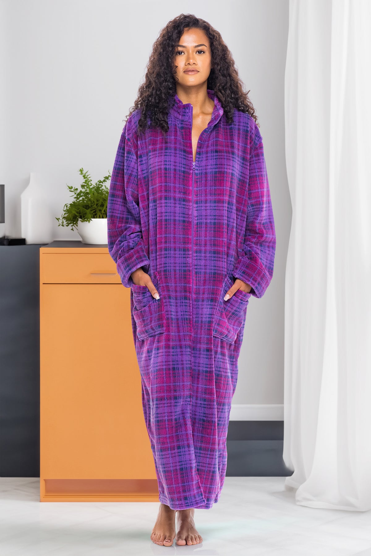 Women's Purple Plaid Zip Up Plush Robe, Oversized Bathrobe with Two Way Zipper