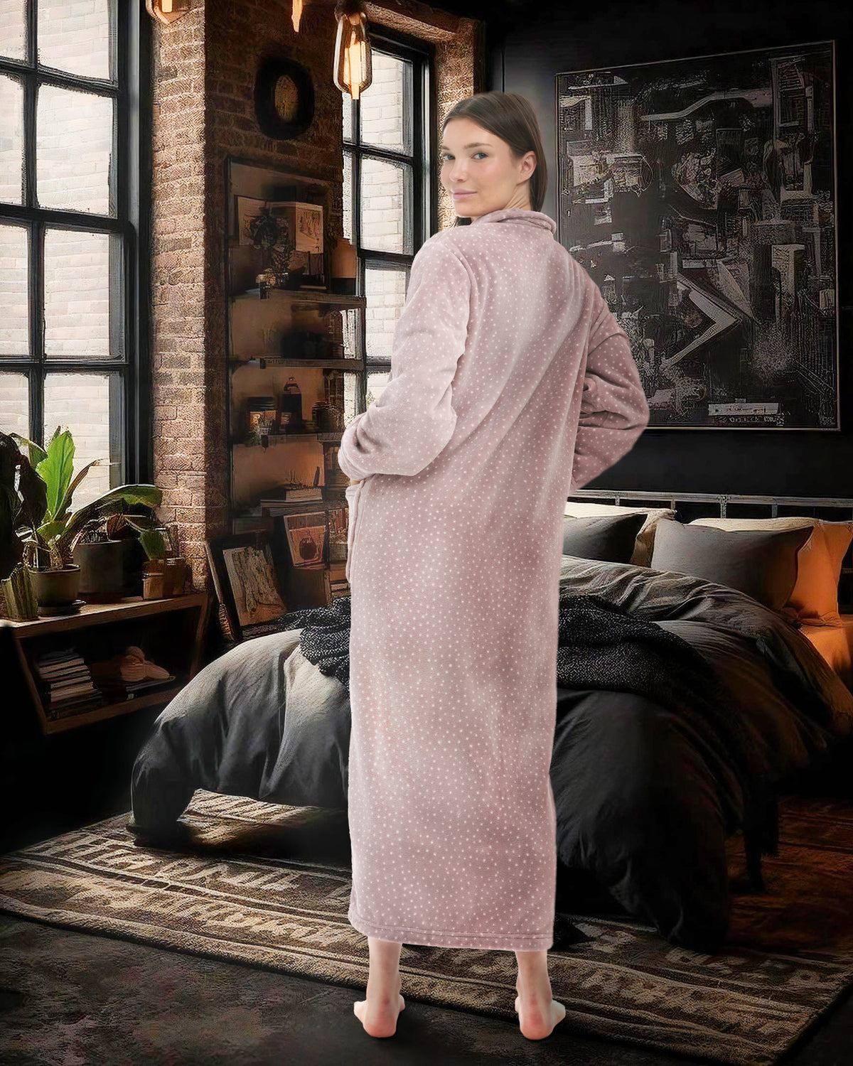 Women's Mauve with Polka Dots Zip Up Plush Robe, Oversized Bathrobe with Two Way Zipper