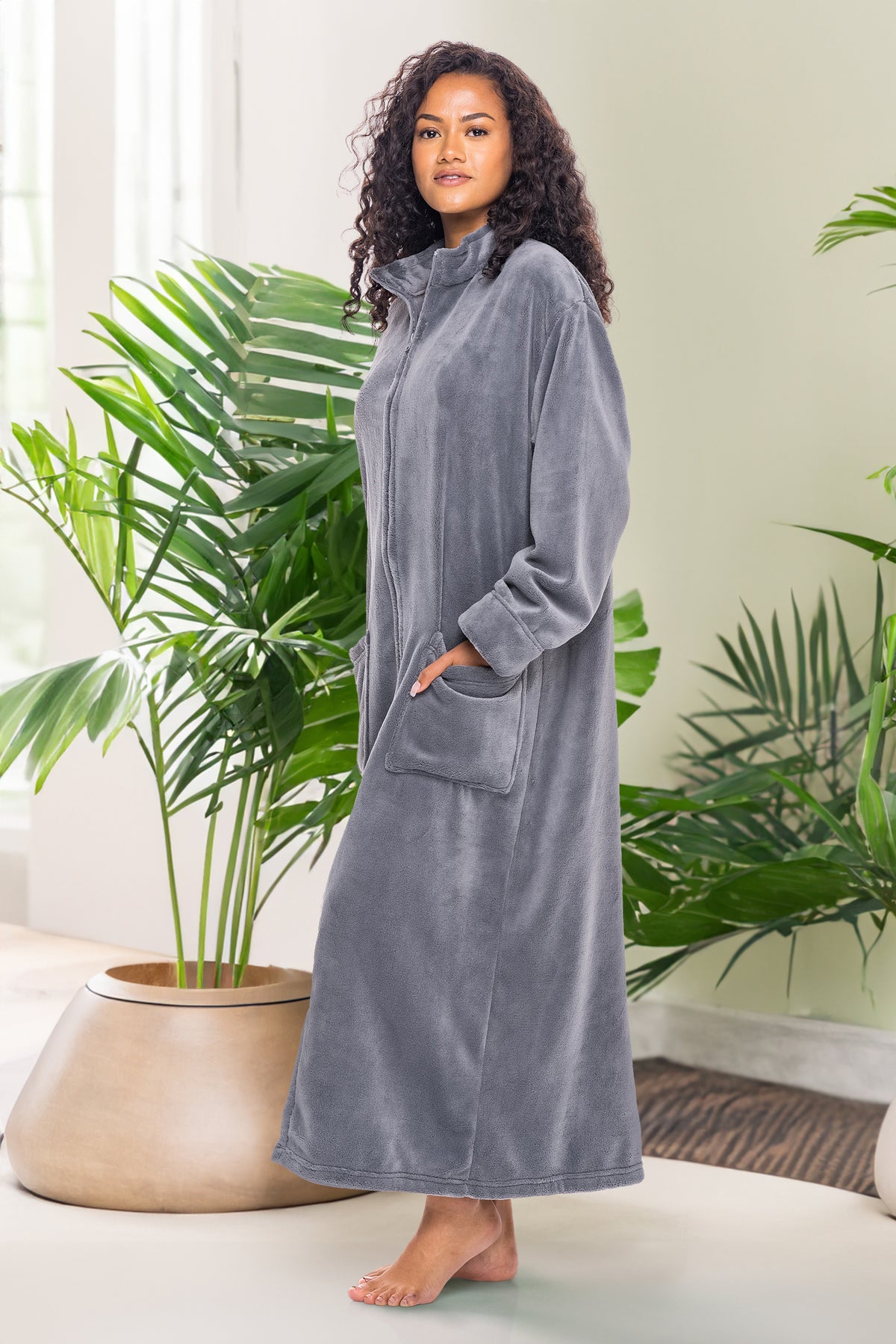 Women's Steel Gray with Cream Zip Up Plush Robe, Oversized Bathrobe with Two Way Zipper
