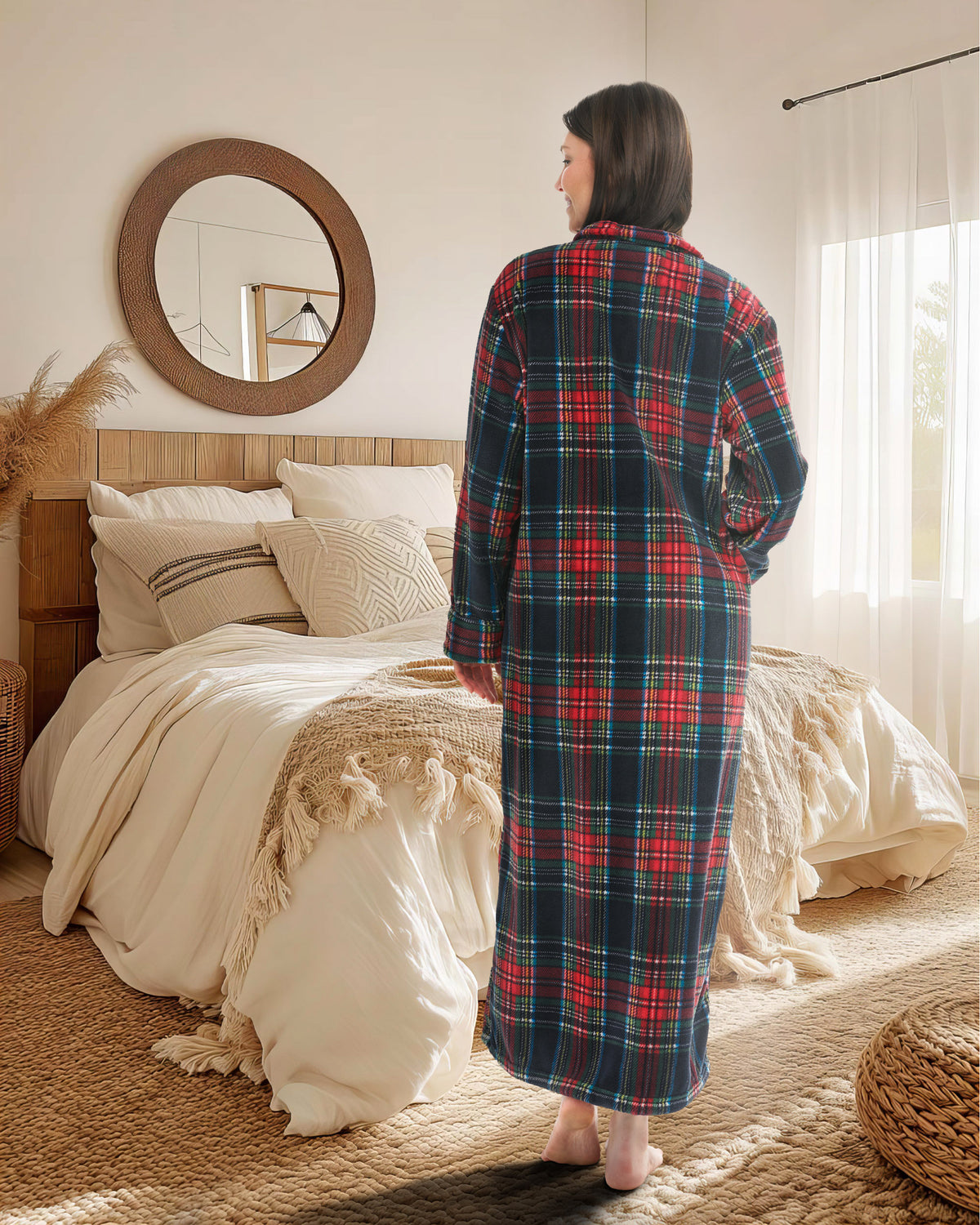 Women's Classic Tartan Plaid Blue Zip Up Plush Robe, Oversized Bathrobe with Two Way Zipper