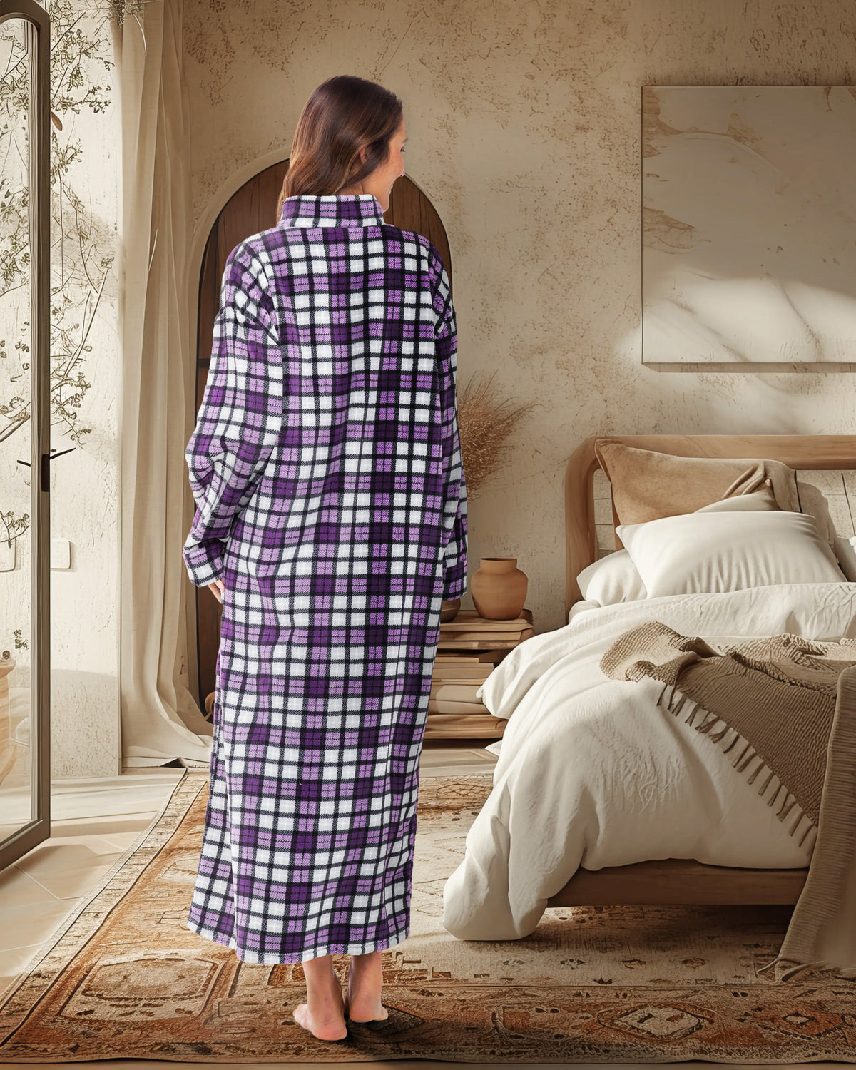 Women's Lavender Tartan Plaid Zip Up Plush Robe, Oversized Bathrobe with Two Way Zipper