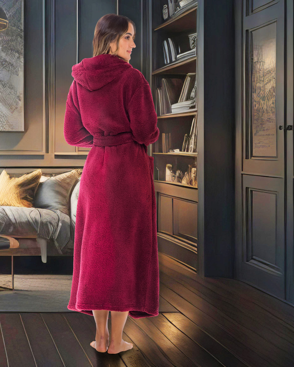 Women's Burgundy Plush Fleece Hooded Robe, Shaggy Feather Long Bathrobe