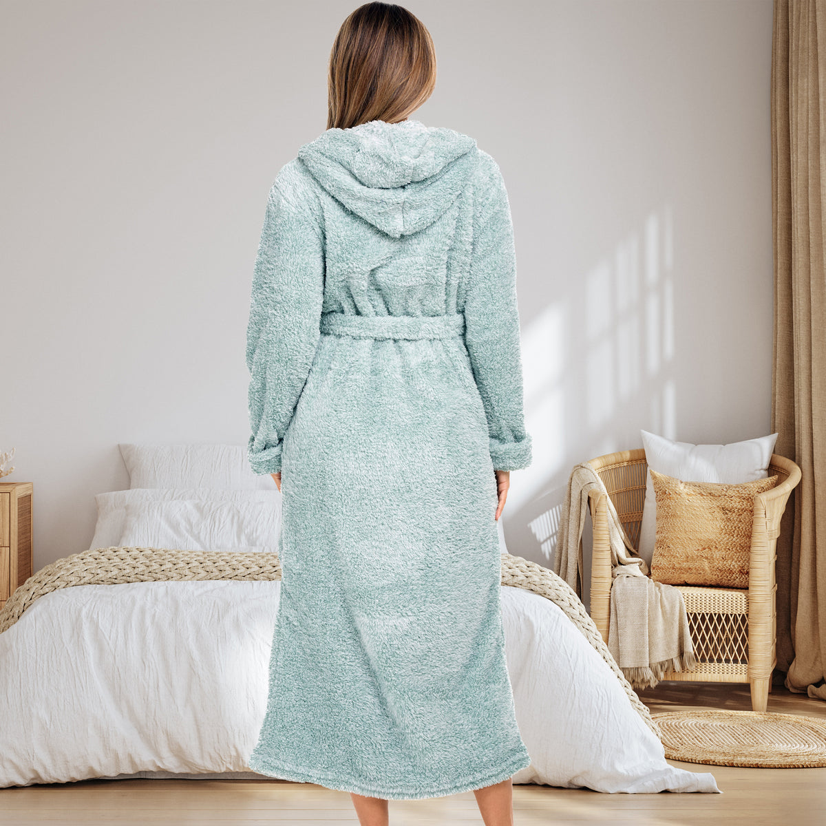 Women's Light Mint Plush Fleece Hooded Robe, Shaggy Feather Long Bathrobe