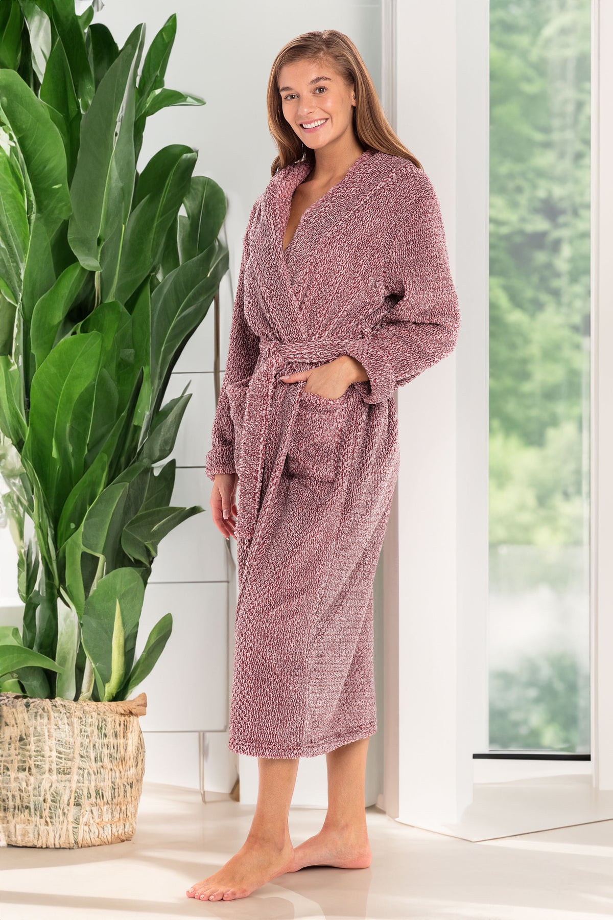 Women's Jacquard Burgundy Plush Fleece Hooded Robe, Shaggy Feather Long Bathrobe