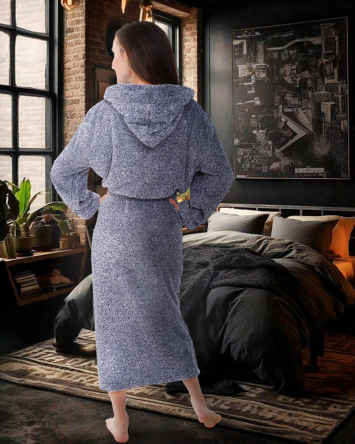 Women's Heathered Light Blue Plush Fleece Hooded Robe, Shaggy Feather Long Bathrobe