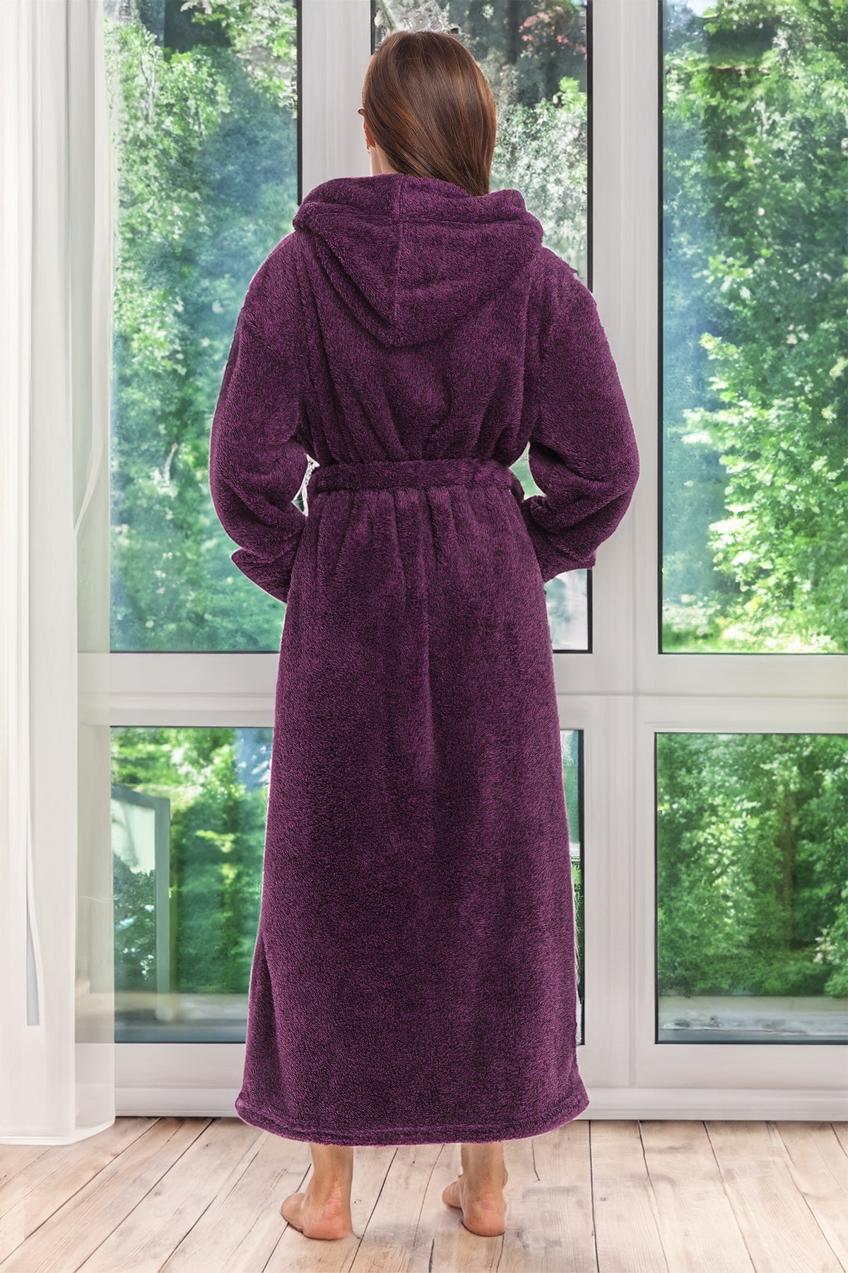 Women's Plum Purple Plush Fleece Hooded Robe, Shaggy Feather Long Bathrobe