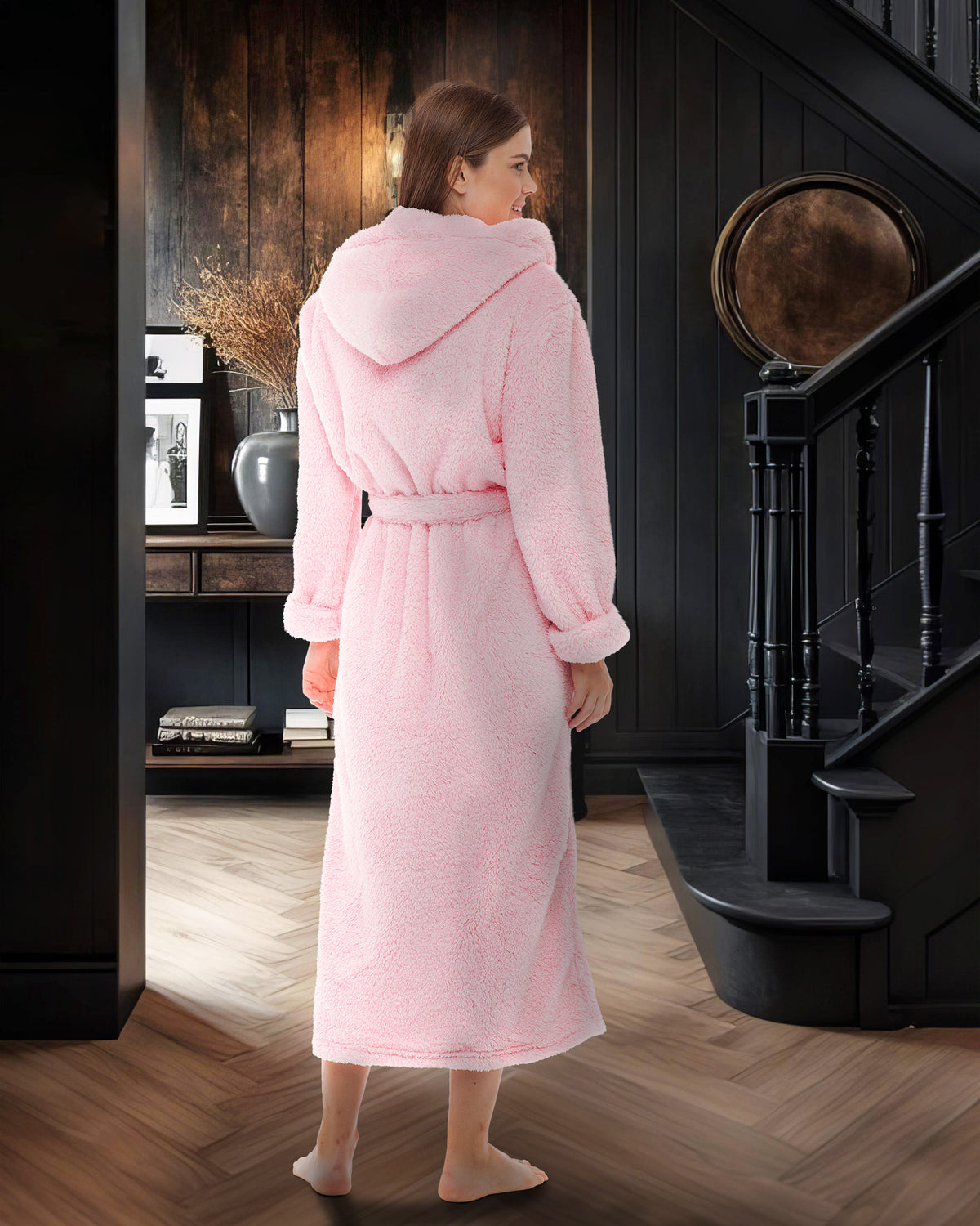 Women's Pink Plush Fleece Hooded Robe, Shaggy Feather Long Bathrobe