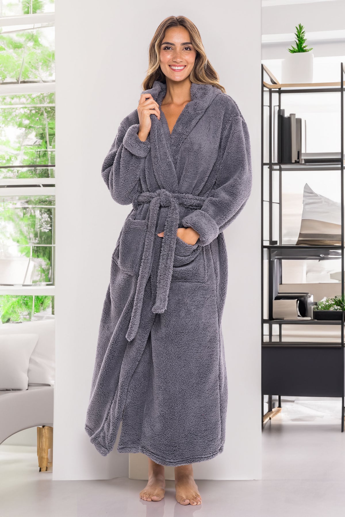 Women's Steel Gray Plush Fleece Hooded Robe, Shaggy Feather Long Bathrobe