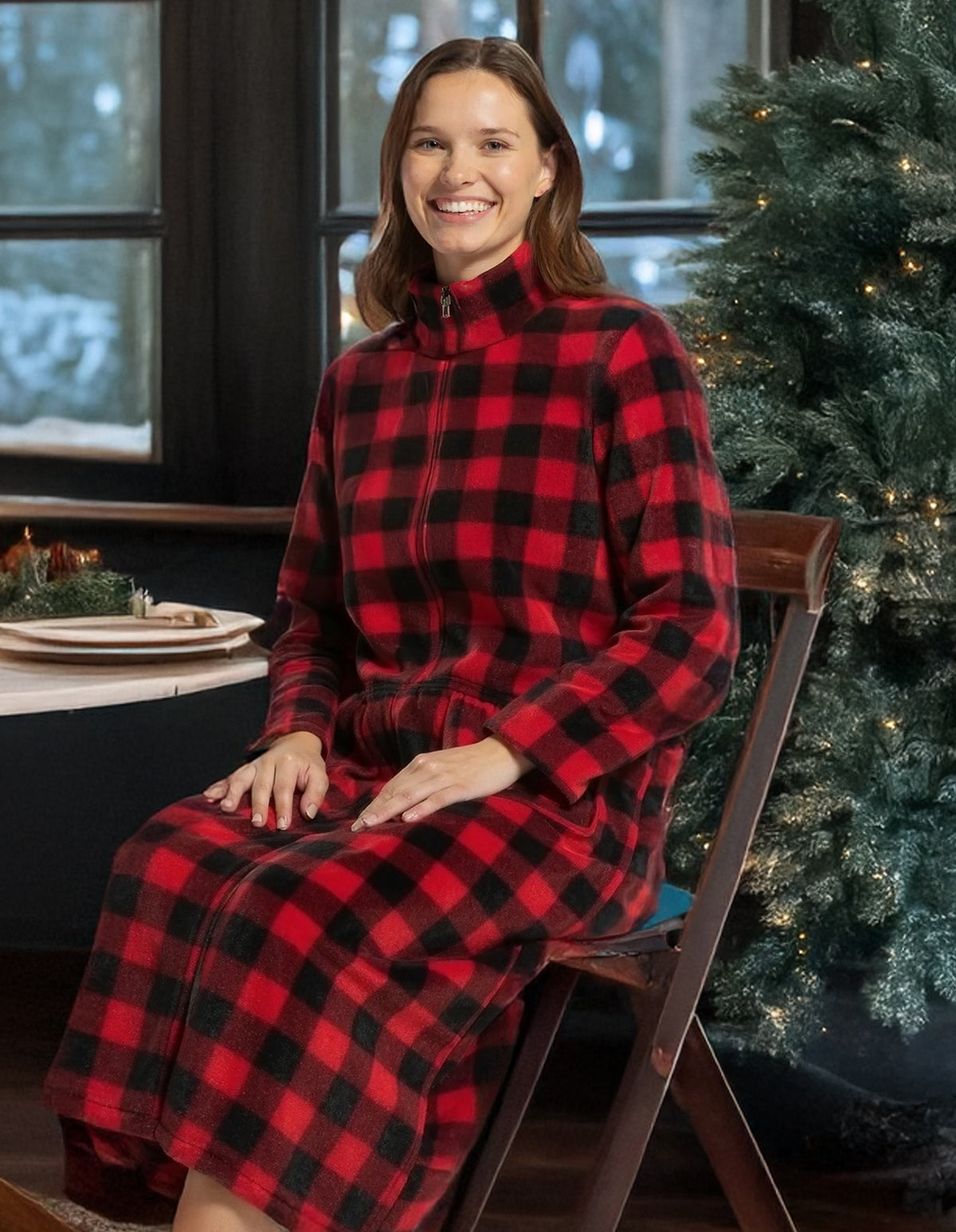 Women's Red Black Buffalo Check Zip Up Plush Robe, Slim Fit Bathrobe with Two Way Zipper