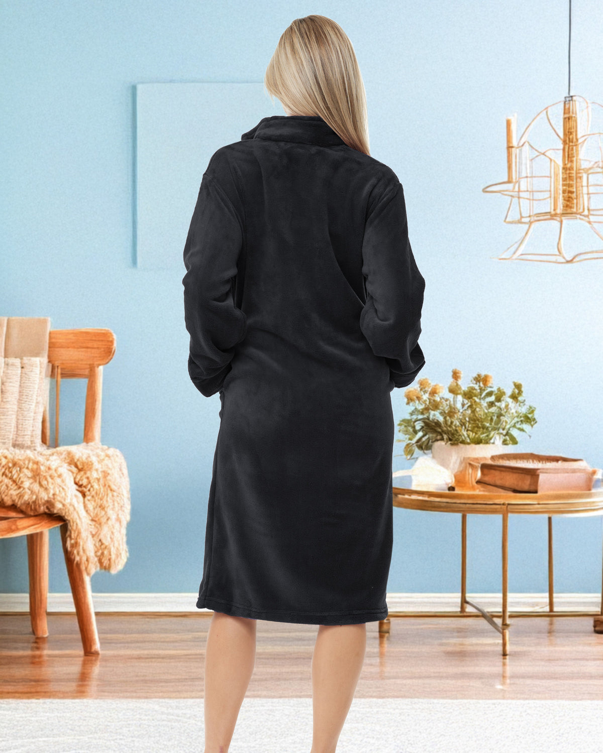 Women's Black Zip Up Plush Robe, Oversized Knee Length Bathrobe with Two Way Zipper