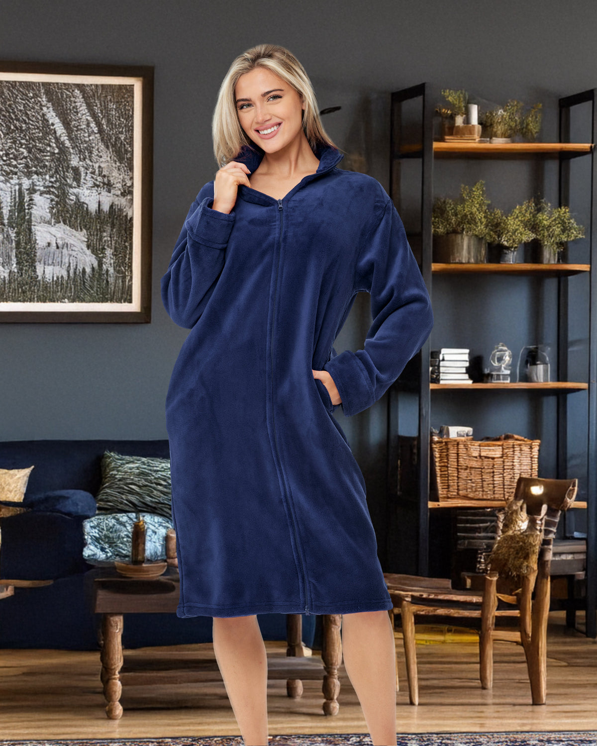 Women's Navy Blue Zip Up Plush Robe, Oversized Knee Length Bathrobe with Two Way Zipper