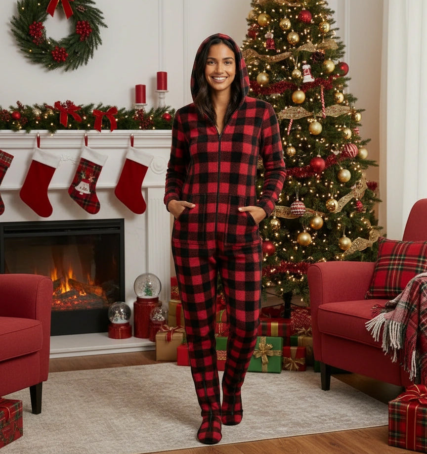Women's Red Black Buffalo Check Hooded Footed Pajamas, Plush Adult Onesie, Winter PJs with Hood