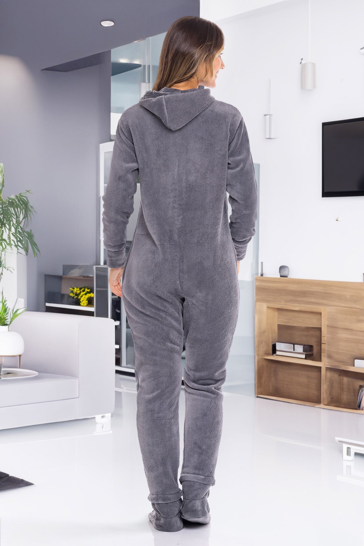Women's Steel Gray Hooded Footed Pajamas, Plush Adult Onesie, Winter PJs with Hood