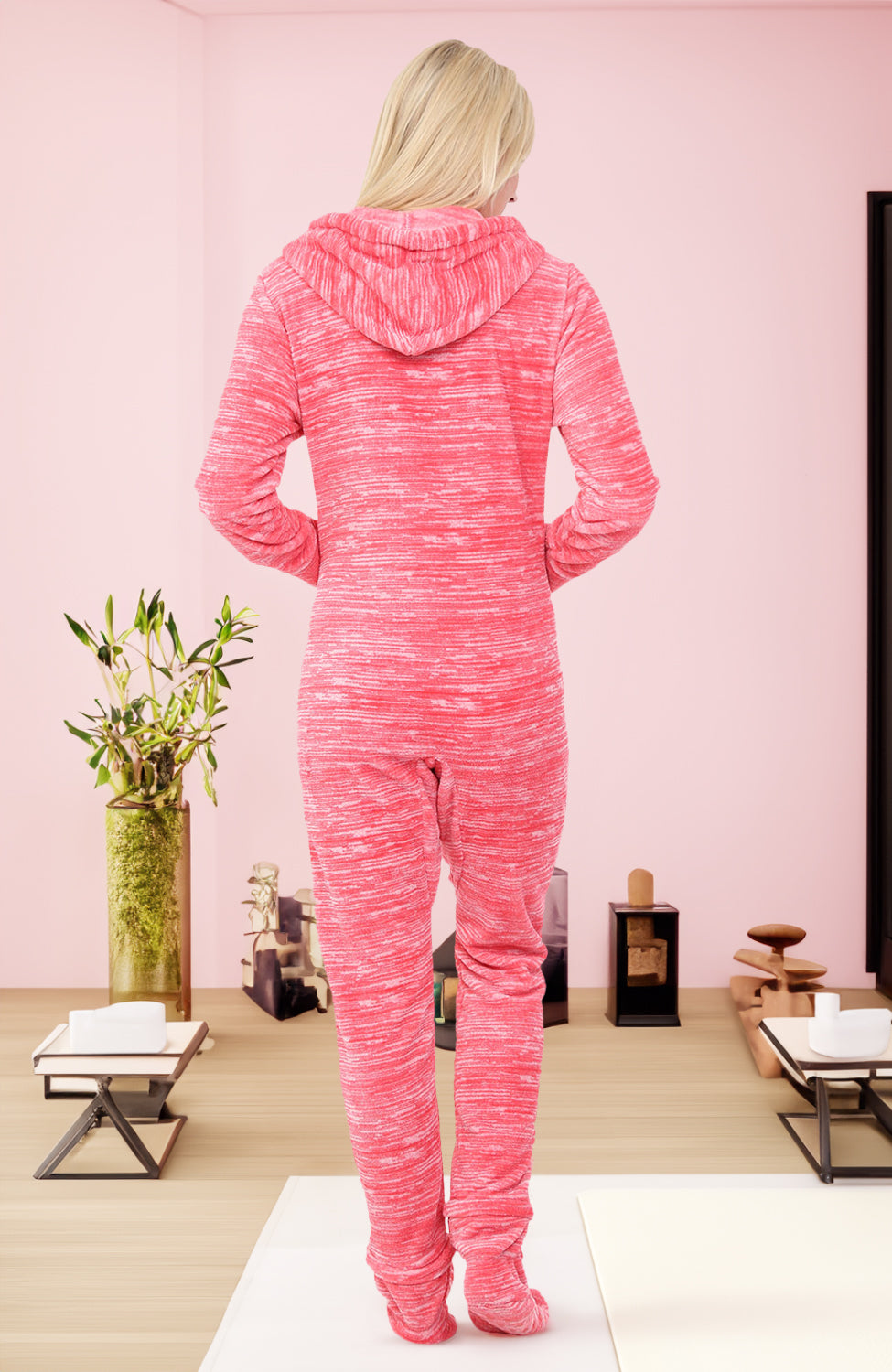 Women's Textured Orange Pink Hooded Footed Pajamas, Plush Adult Onesie, Winter PJs with Hood