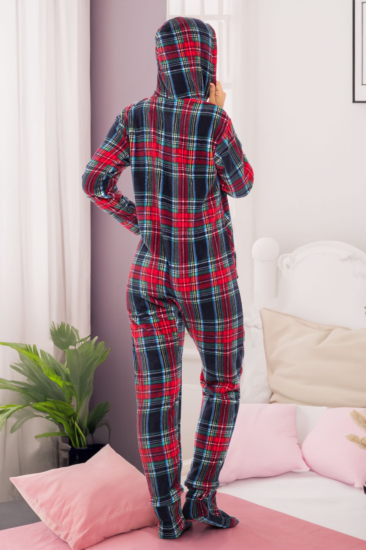 Women's Classic Tartan Plaid Blue Hooded Footed Pajamas, Plush Adult Onesie, Winter PJs with Hood
