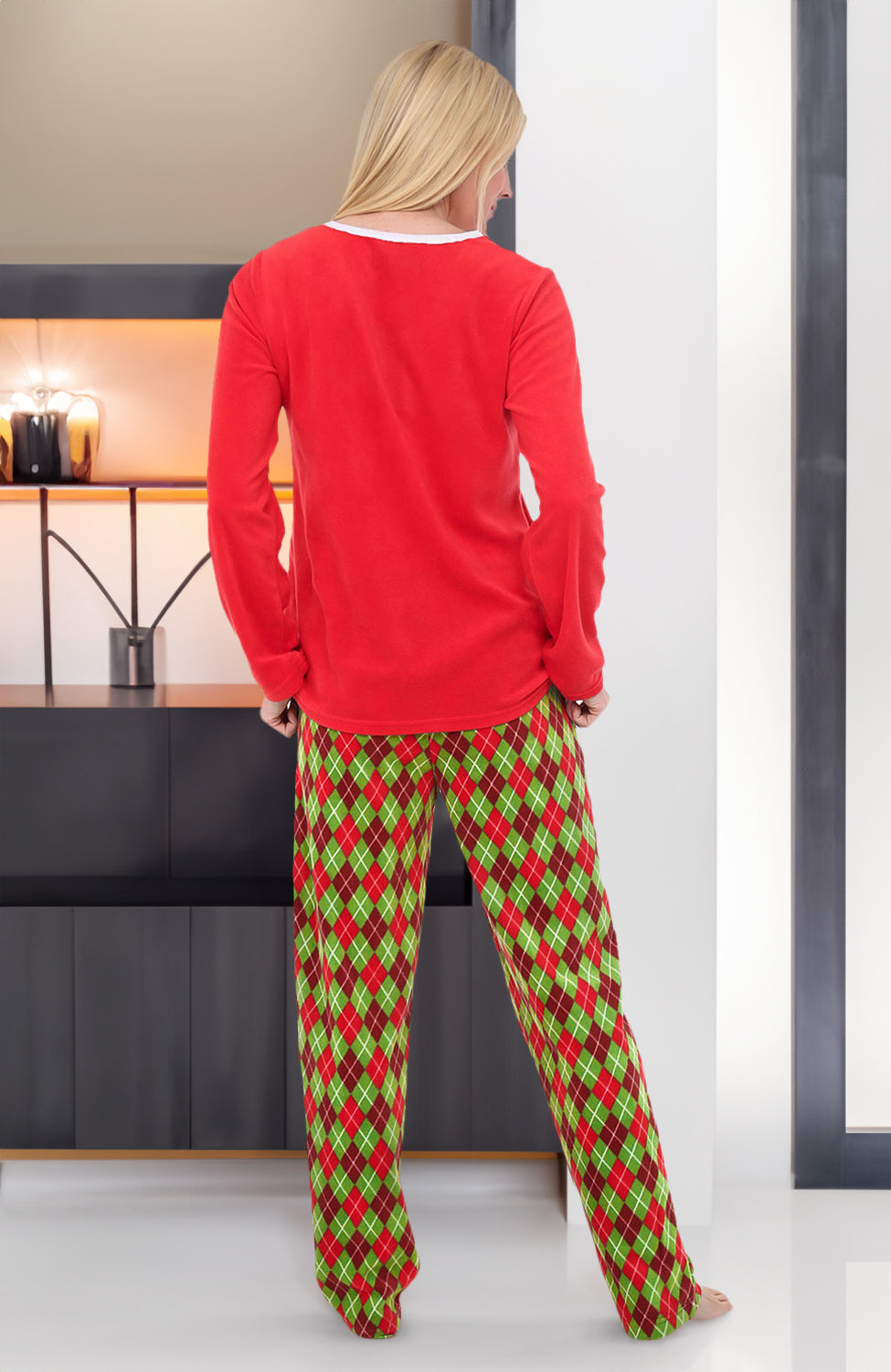 Women's Christmas Argyle Soft Warm Fleece Pajamas Plush Lounge Set, Long V Neck Top and Pants, PJ
