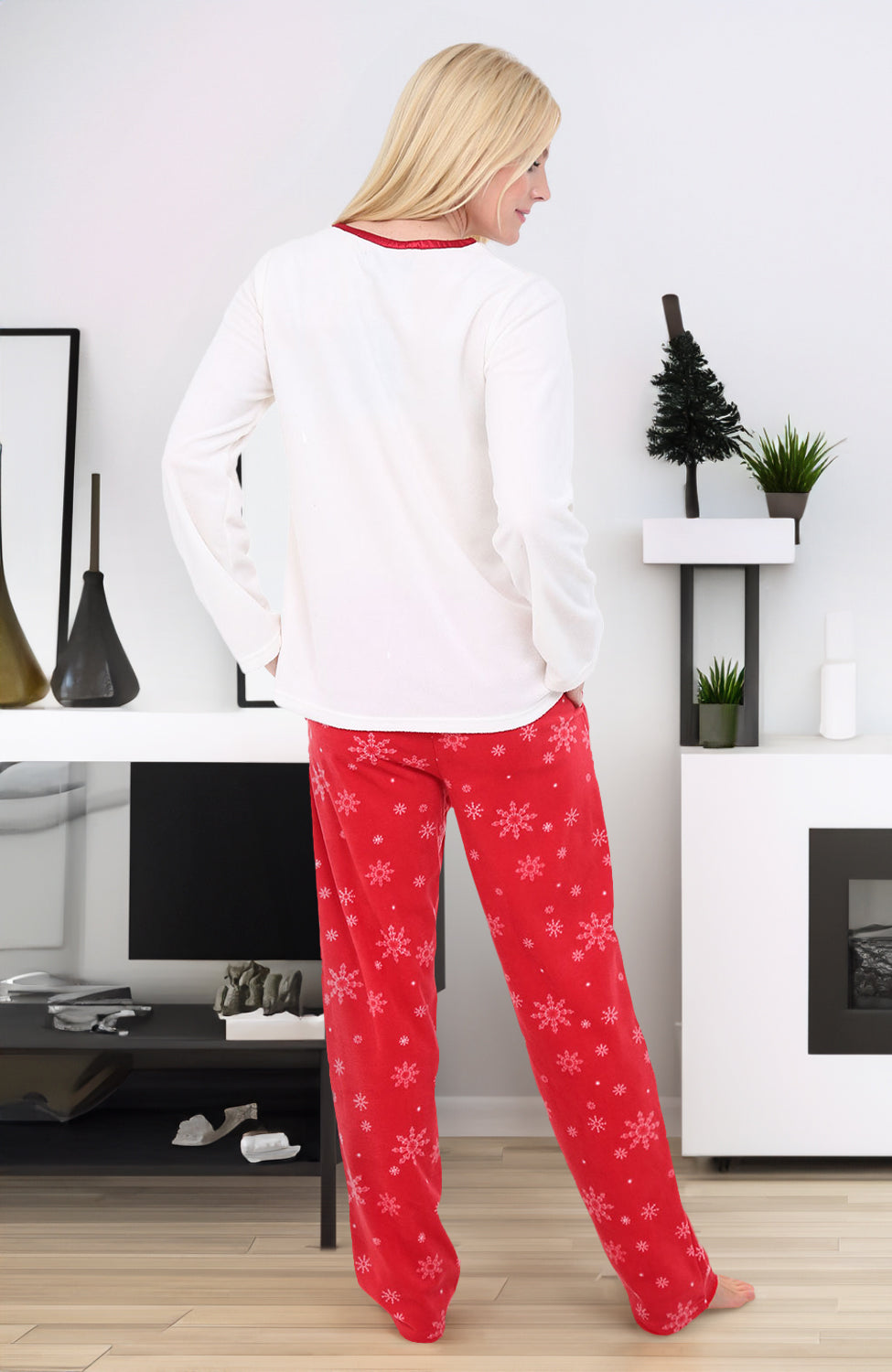 Women's Red Snowflakes with Red Trim Soft Warm Fleece Pajamas Plush Lounge Set, Long V Neck Top and Pants, PJ