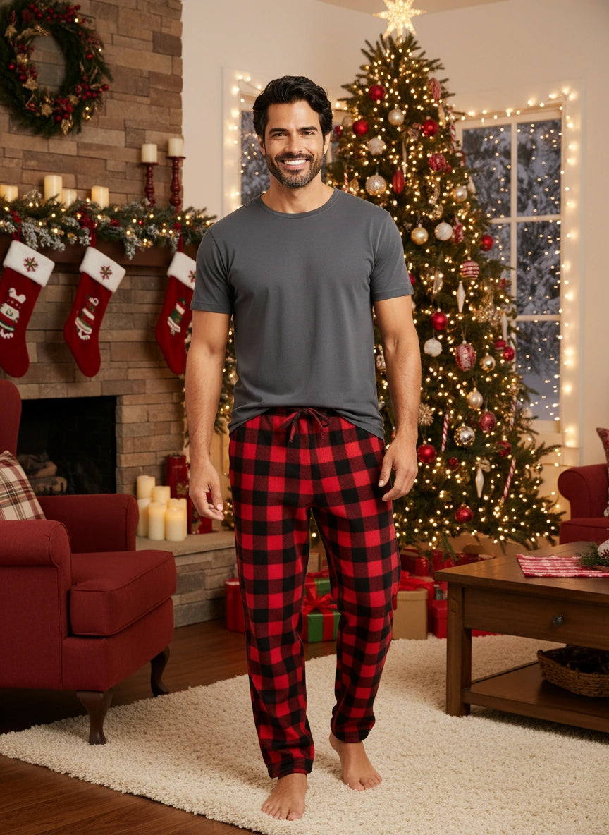 Men's Red Black Buffalo Check Plaid Soft Plush Fleece Pajama Pants, Warm Long Lounge Bottoms