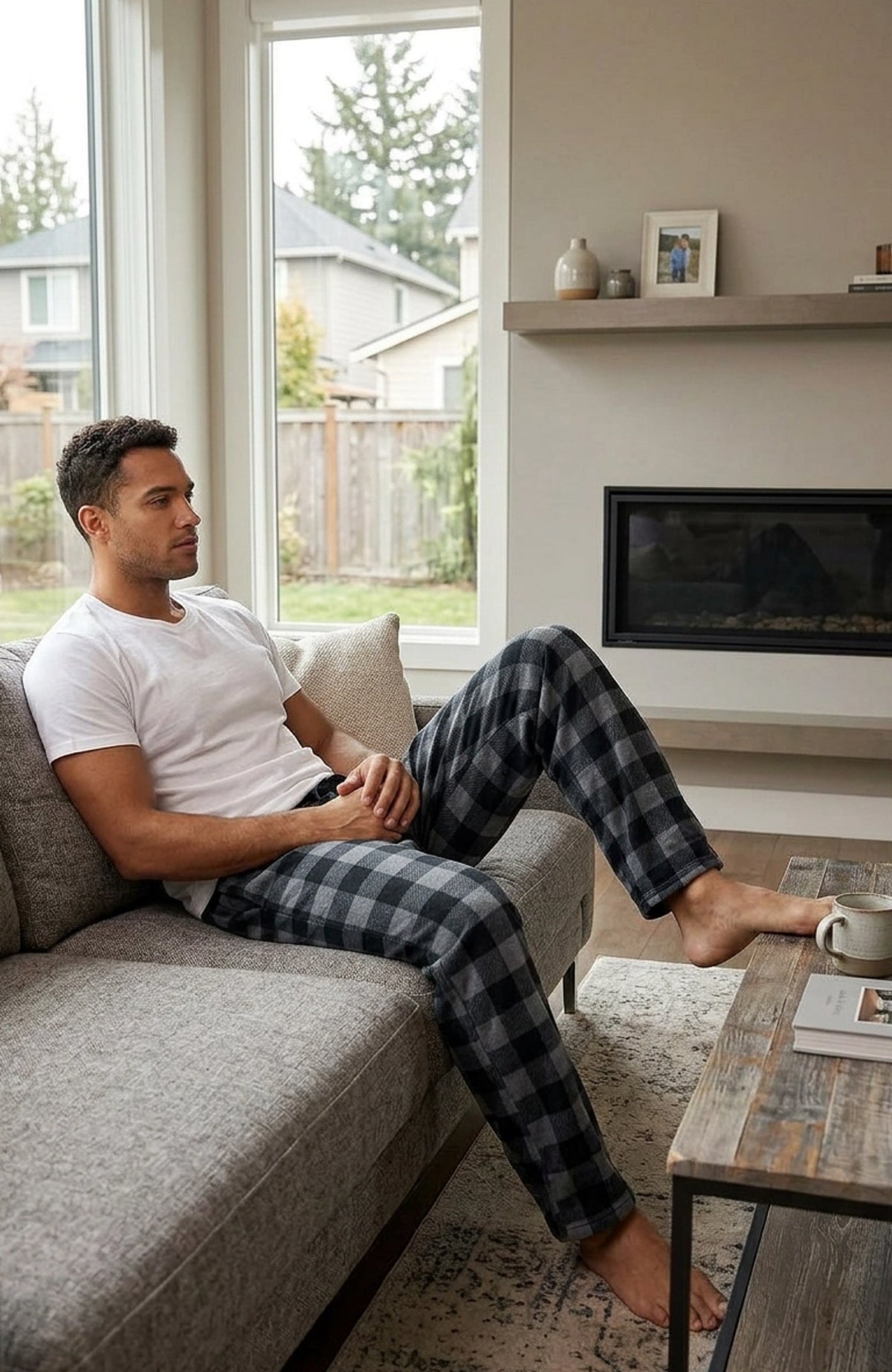 Men's Gray Black Buffalo Check Soft Plush Fleece Pajama Pants, Warm Long Lounge Bottoms