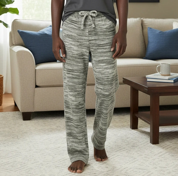 Men's Light Heathered Gray Soft Plush Fleece Pajama Pants, Warm Long Lounge Bottoms